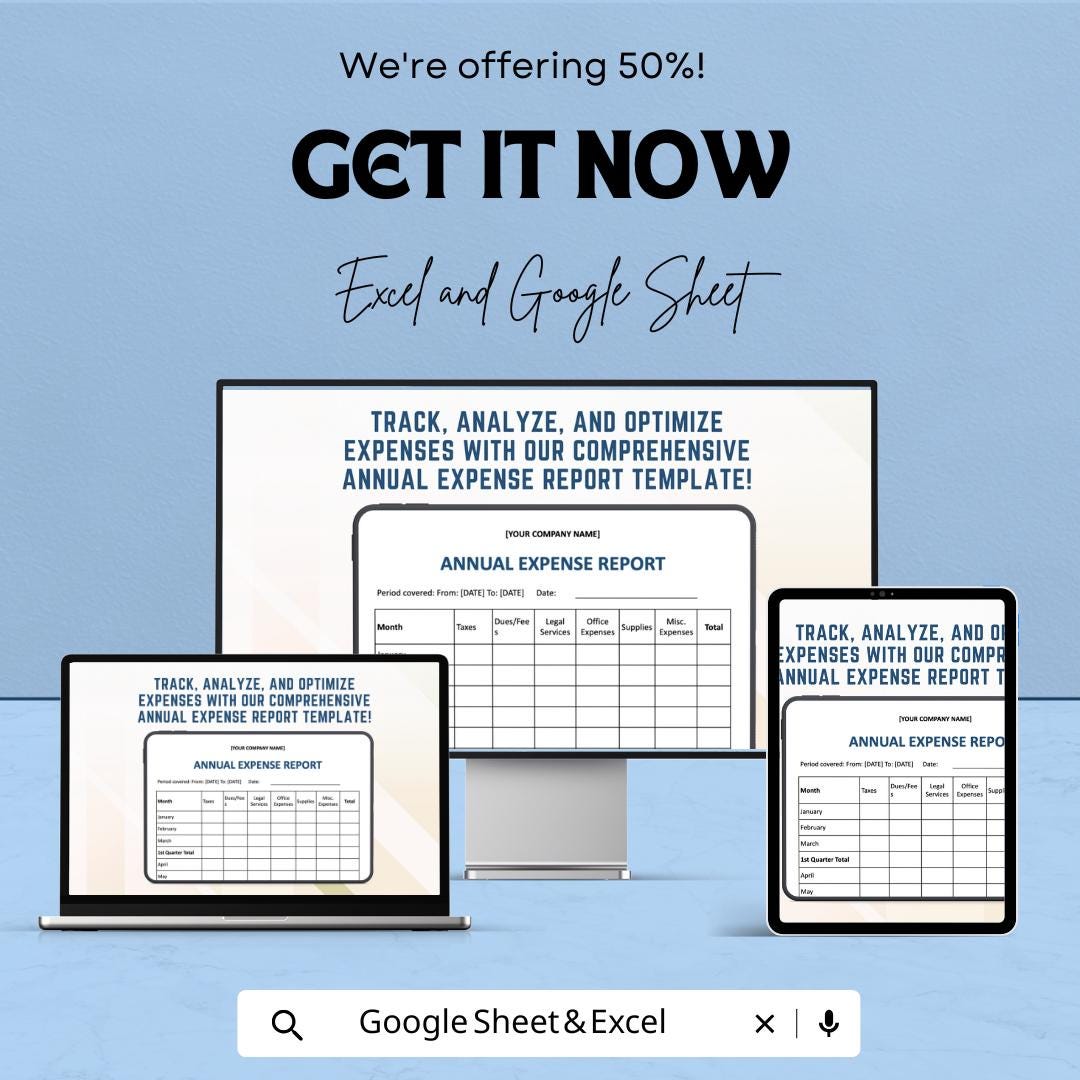 Annual Expense Report Sheet Template for Google Sheets | Optimize Expenses | Business Financial Management Tool | Expense Tracking Sheet