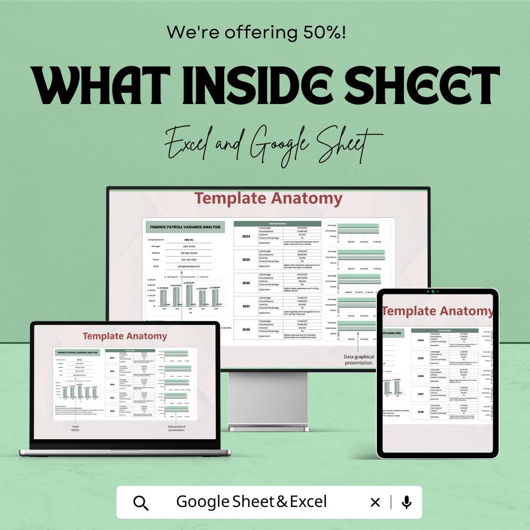 Finance Payroll Variance Analysis Template | Budget vs Actual Payroll Tracker | Excel & Google Sheets Financial Analysis