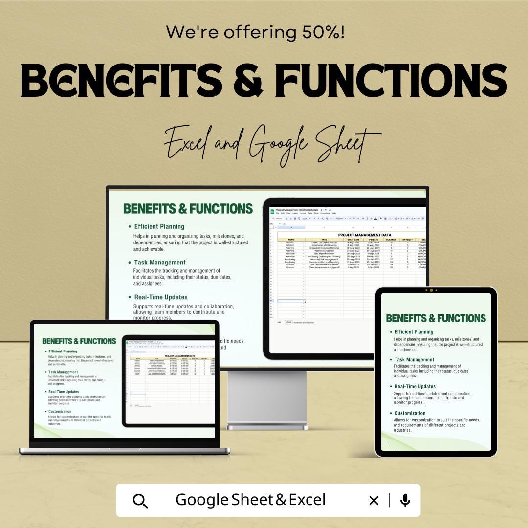 Project Management Timeline Sheet | Excel & Google Sheets Template for Efficient Project Planning and Tracking | Task and Milestone Tracker