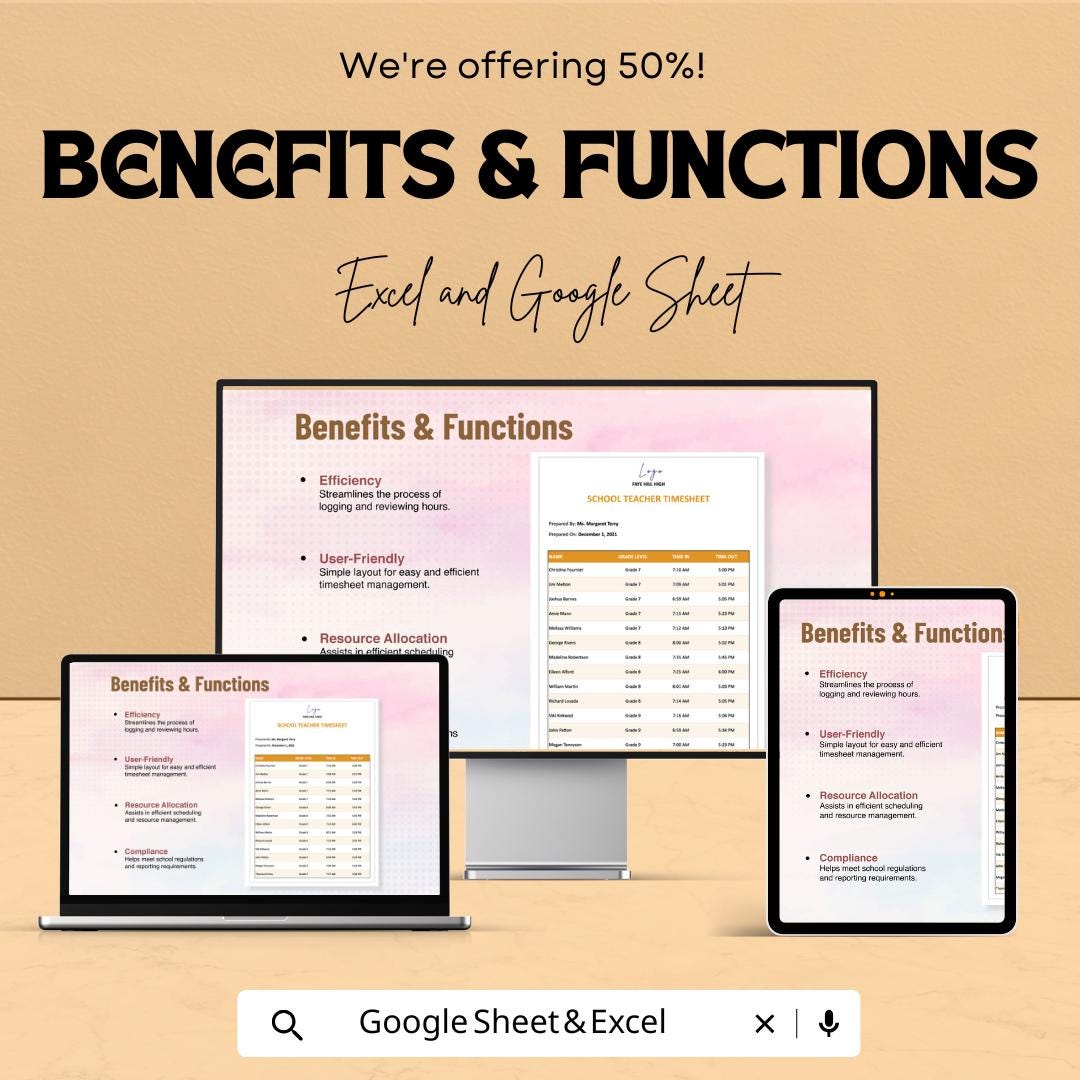 School Teacher Timesheet Template - Excel & Google Sheets - Teacher Work Hours Tracker - Daily Attendance Sheet - Customizable Time Log