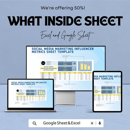 Social Media Marketing Influencer Metrics Sheet Template | Excel & Google Sheets | Influencer Analytics Tracker | Campaign Performance |
