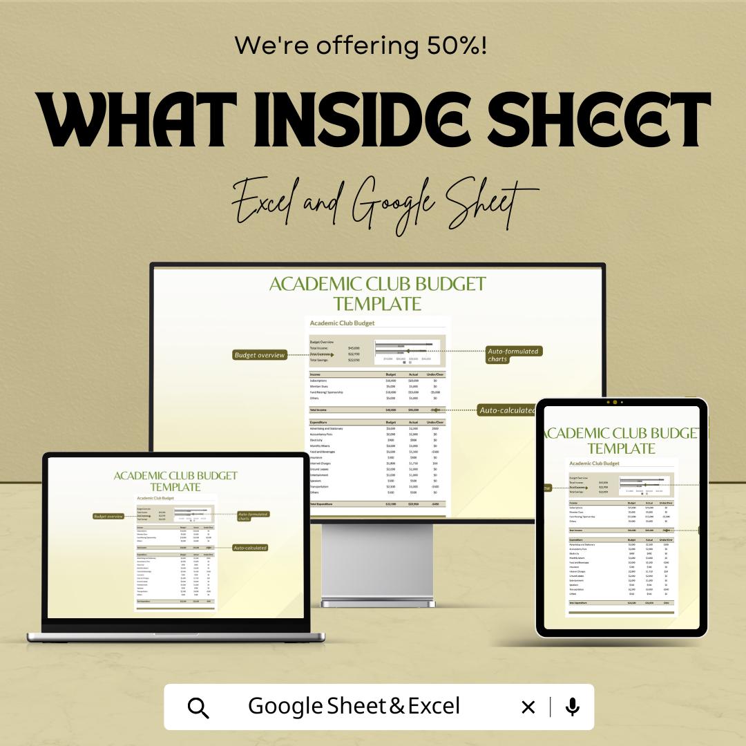 Academic Club Budget Sheet | Editable Excel & Google Sheets Template | School Club Finance Tracker | Budget Planner for Students