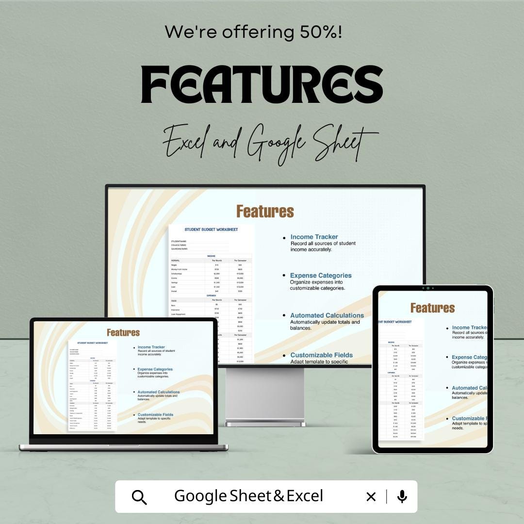 Student Budget Worksheet Template for Excel and Google Sheets | Track Income & Expenses | Financial Planning for Students | 50% Off!