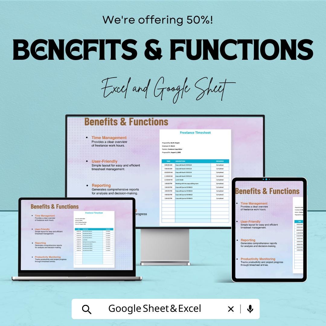Freelance Timesheet Template | Excel and Google Sheets | Time Tracking Spreadsheet | Work Log | Project Hour Tracker | Editable Sheet