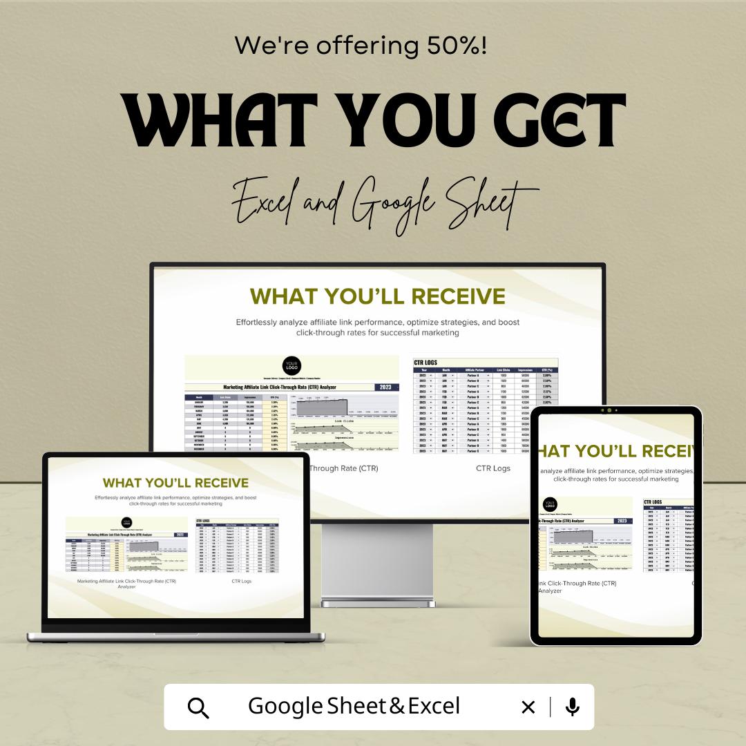 Marketing Affiliate CTR Analyzer Template | Affiliate Link Analytics | CTR Dashboard Spreadsheet | Marketing Performance Template