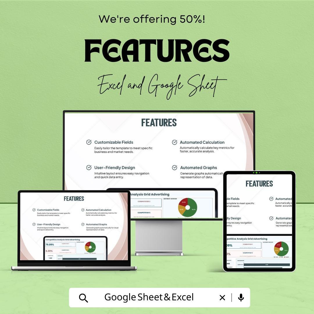 Competitive Analysis Grid Advertising Template | Competitor Comparison Tool | Market Research Spreadsheet