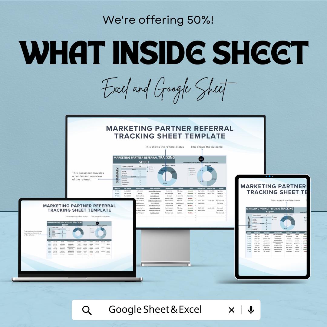 Marketing Partner Referral Tracking Sheet - Excel and Google Sheet for Efficient Lead Management, Referral Status & Outcome Analysis