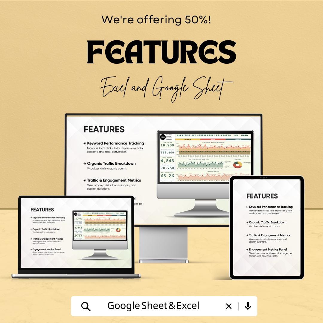 Marketing SEO Performance Dashboard | SEO Dashboard Excel & Google Sheet | SEO Tracking Template | Marketing Metrics Tracker |
