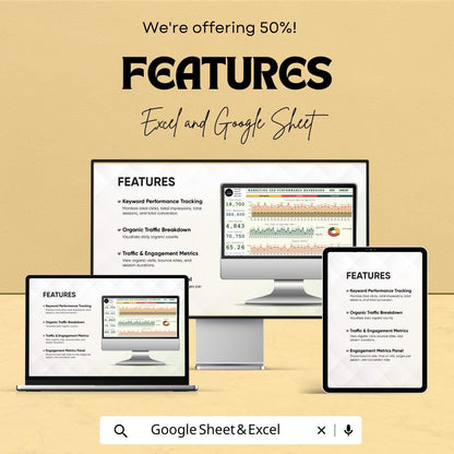 Marketing SEO Performance Dashboard | SEO Dashboard Excel & Google Sheet | SEO Tracking Template | Marketing Metrics Tracker |