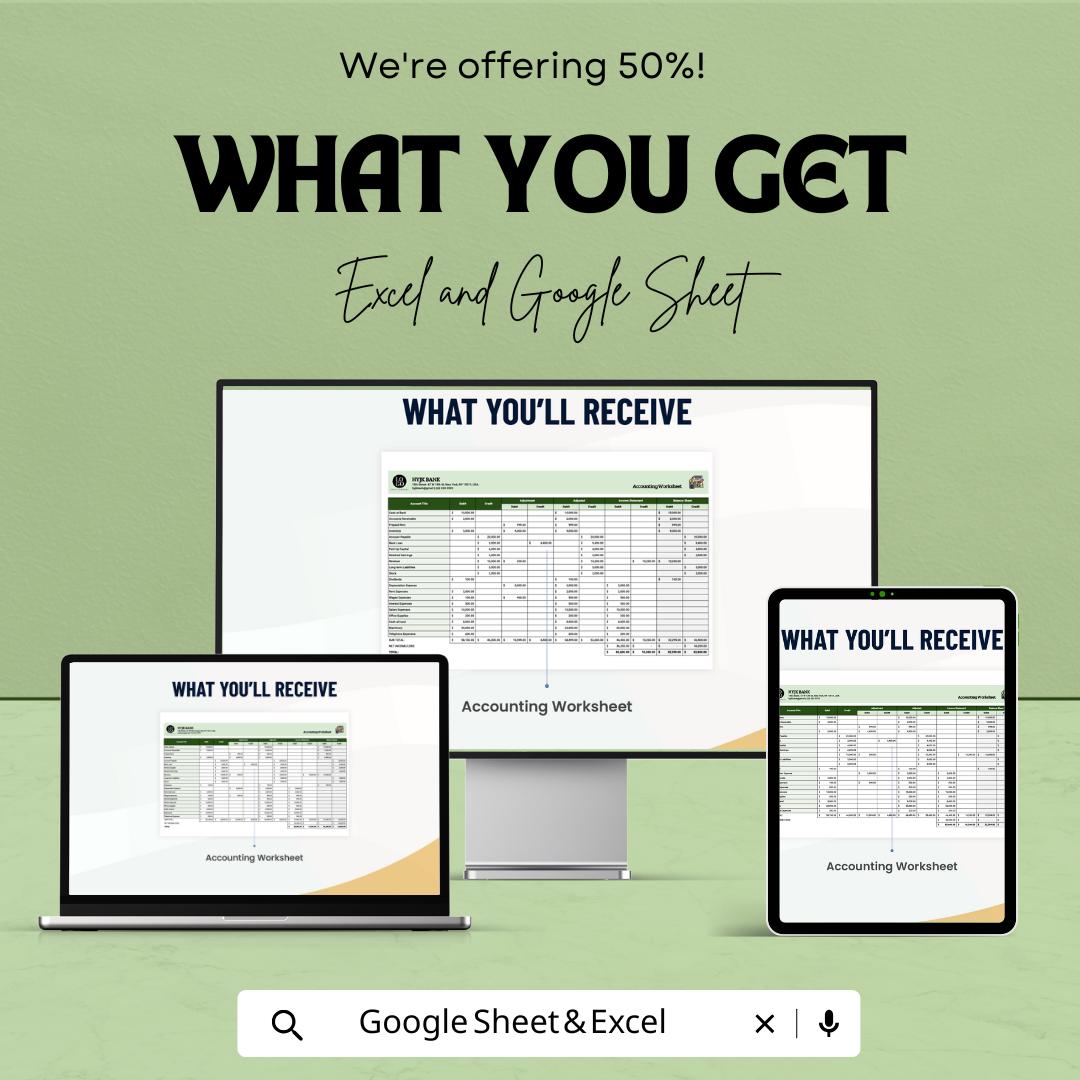 Accounting Worksheet Template | Excel and Google Sheets | Financial Analysis, Data Entry, Adjusted Trial Balance, Ledger & Reporting Tool