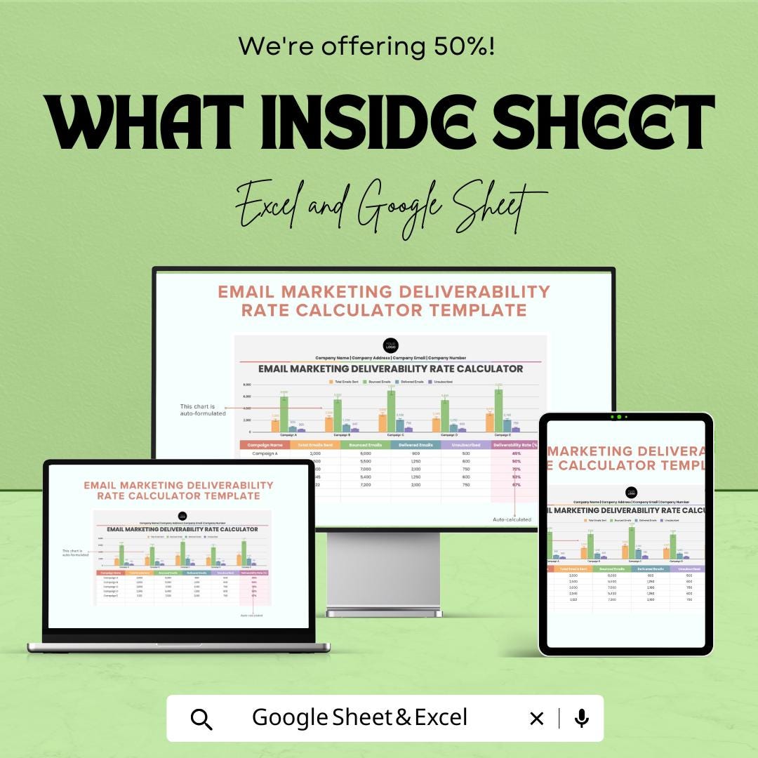 Email Marketing Deliverability Rate Calculator Template | Deliverability Tracker | Email Performance Calculator | Email KPI Reporting Tool