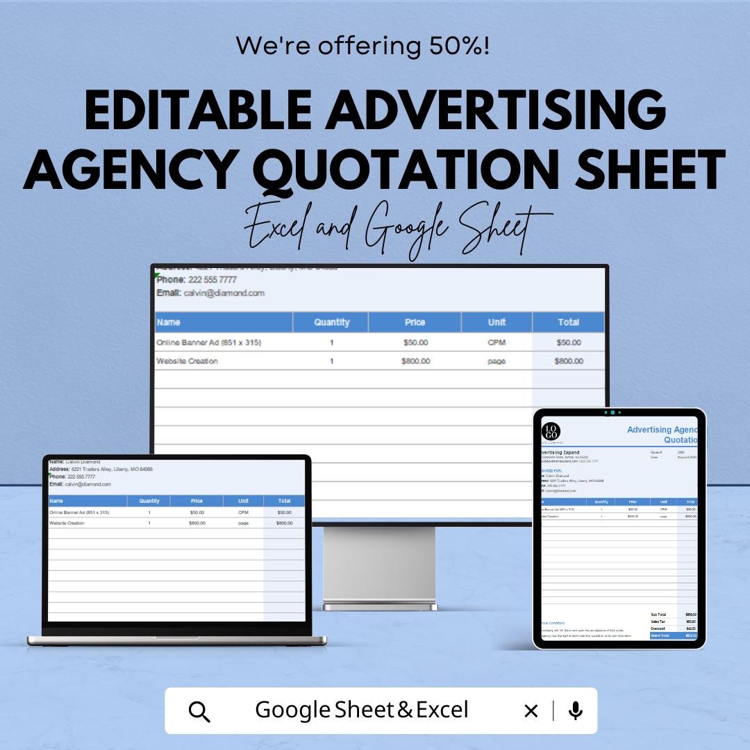 Editable Advertising Agency Quotation Sheet – Excel and Google Sheets Template for Custom Quotes, Pricing & Client Estimates
