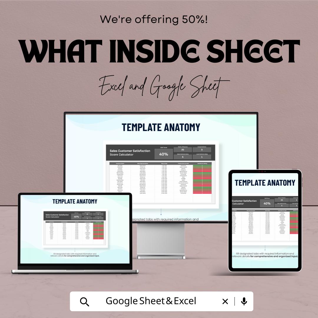 Sales Customer Satisfaction Score Calculator Sheet | Google Sheets & Excel Template | Track Customer Feedback and Sales Performance