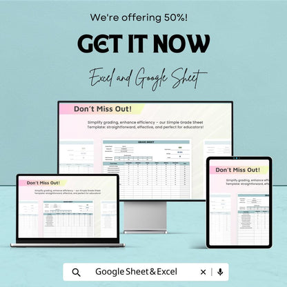 Simple Grade Sheet Template | Excel and Google Sheets Student Grade Tracker | Academic Performance Sheet | Teacher Grade Log