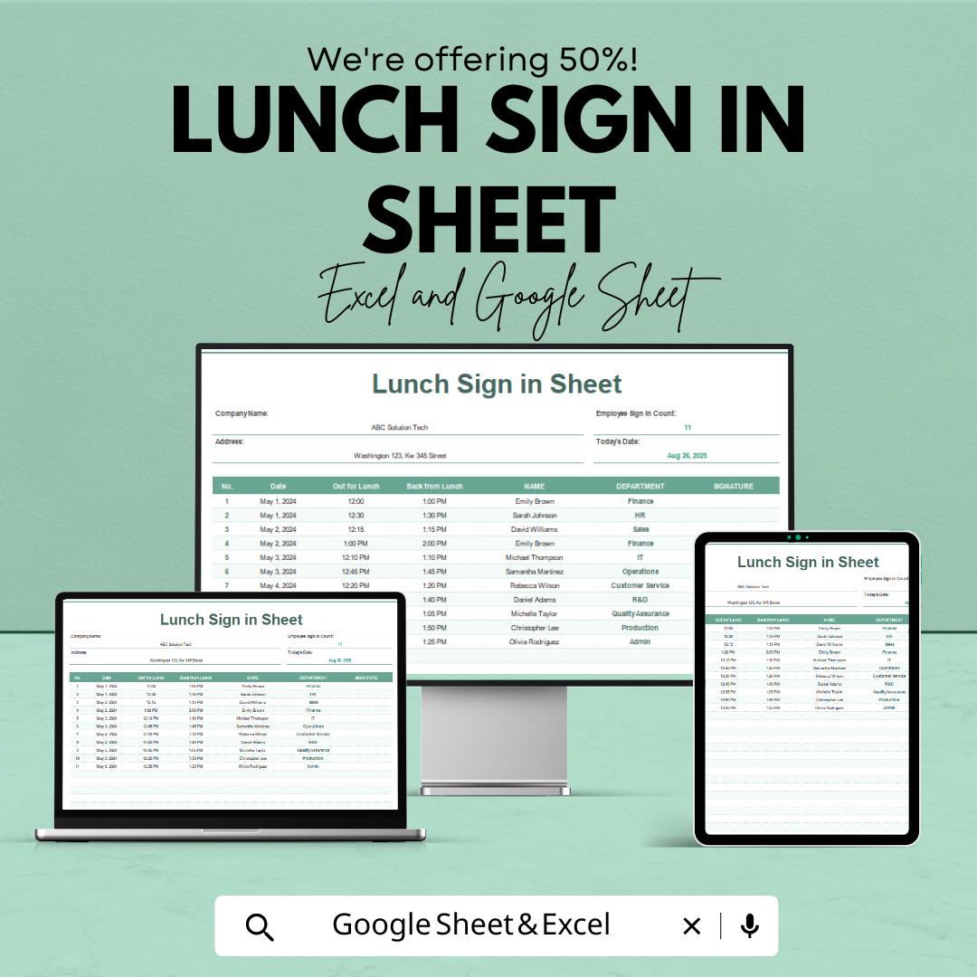 Lunch Sign-in Sheet - Excel & Google Sheet - Track Attendance with Ease - Employee Sign-in Template for Workplace, Office, and Events