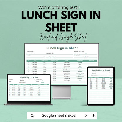 Lunch Sign-in Sheet - Excel & Google Sheet - Track Attendance with Ease - Employee Sign-in Template for Workplace, Office, and Events