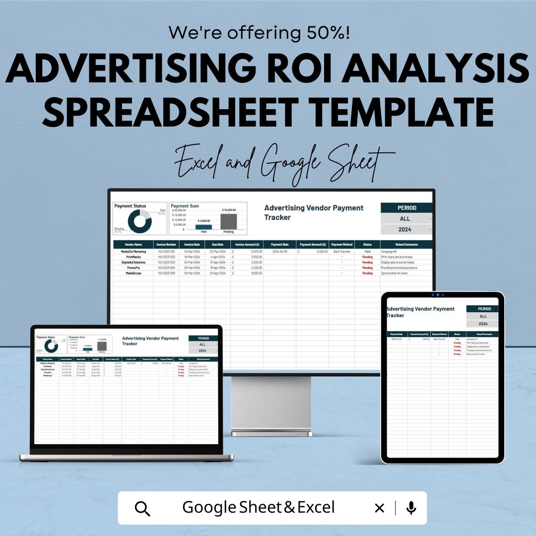 Advertising Vendor Payment Tracker Template, Marketing Expense Spreadsheet, Invoice & Payment Log, ROI Budget Tracker