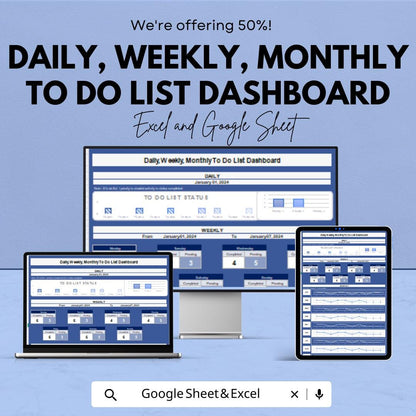 Daily, Weekly, Monthly To Do List Dashboard Sheet | Task Tracker | Excel & Google Sheets Template | Task Management Planner
