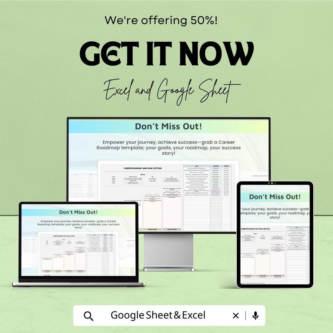 Career Roadmap and Goal Setting Template | Career Planning Spreadsheet | Professional Development Planner | Life Goals Tracker