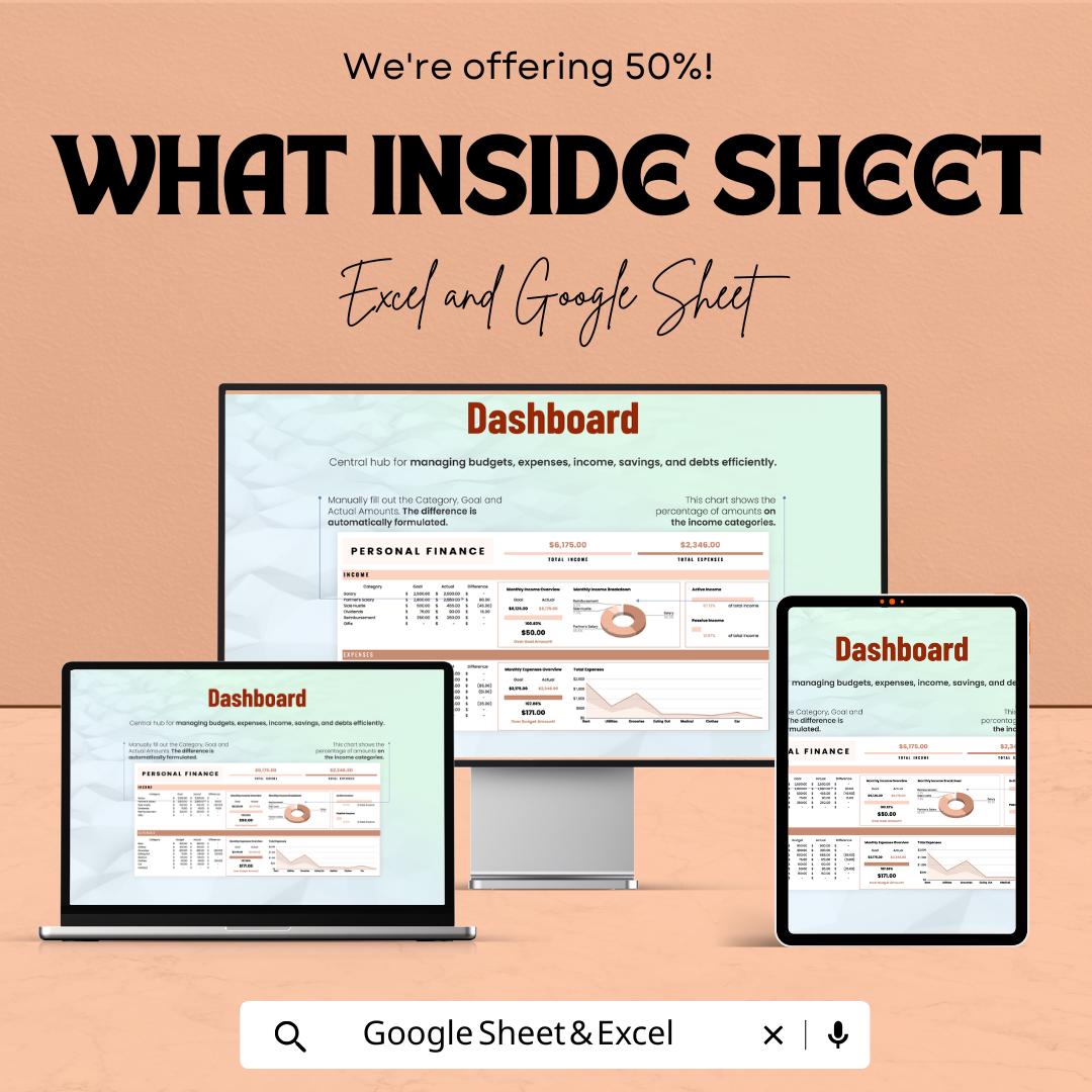 Complete Personal Finance Sheet - Excel and Google Sheets Template for Budgeting, Tracking Income & Expenses - 50% Off