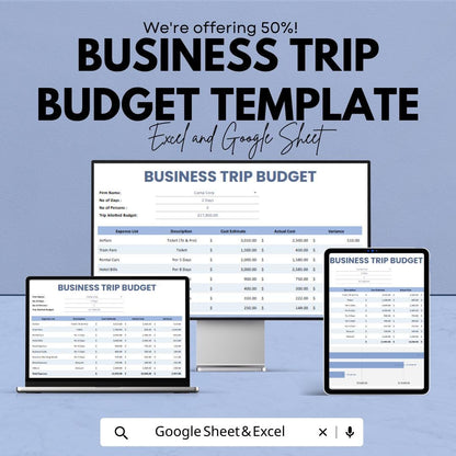 Business Trip Budget Template, Travel Expense Tracker, Corporate Travel Planner, Trip Cost Spreadsheet, Excel & Google Sheets