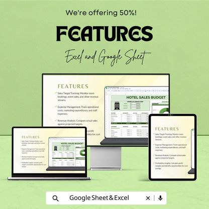 Hotel Sales Budget Template Excel & Google Sheets | Hospitality Revenue Tracker | Hotel Expense and Income Dashboard | Monthly Sales Planner