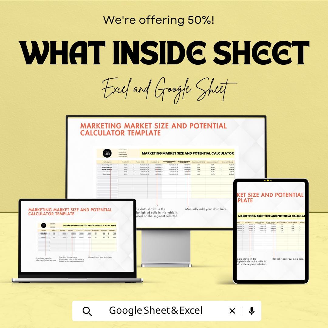 Marketing Market Size Calculator Template | Market Analysis Spreadsheet | TAM SAM SOM Calculator | Business Planning Tool