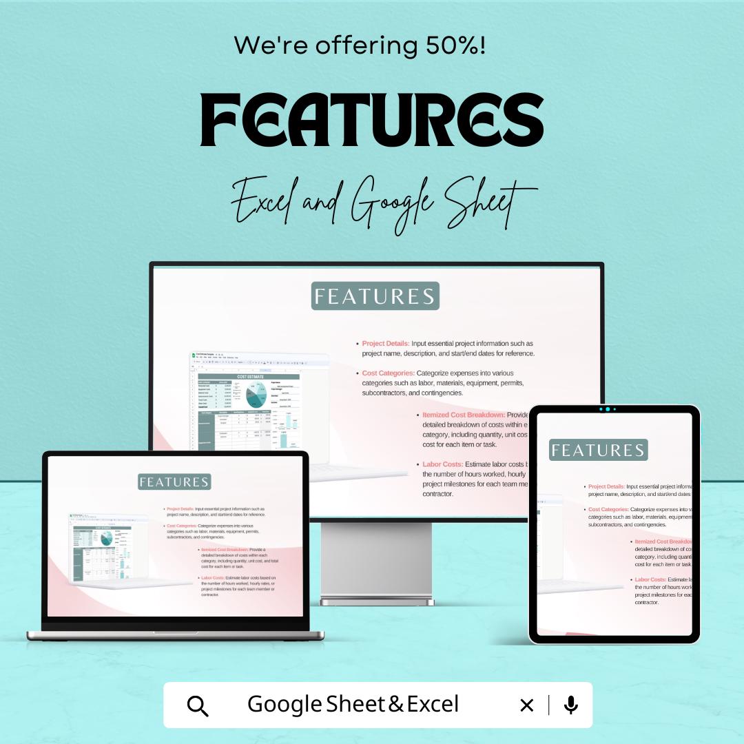 Cost Estimate Sheet - Excel & Google Sheets Template for Project Cost Estimation - 50% Off
