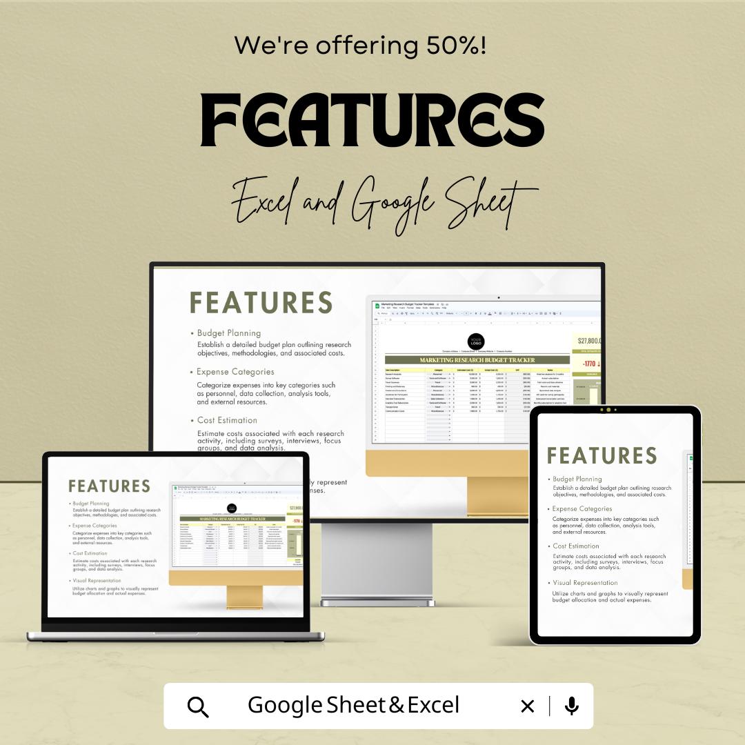Marketing Research Budget Tracker Template | Business Budget Spreadsheet | Market Research Cost Planner | Expense Tracker for Teams
