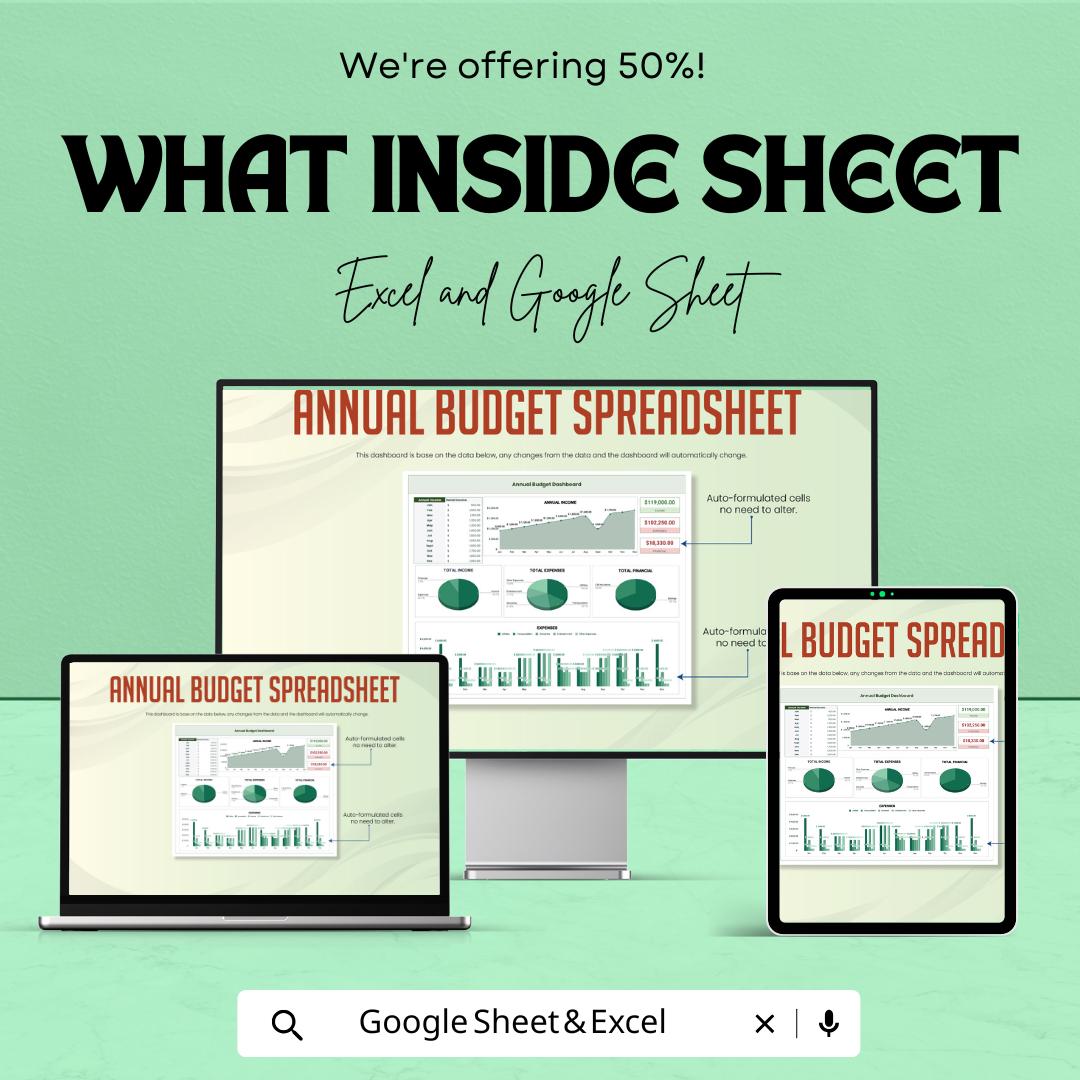 Annual Budget Spreadsheet Template | Excel & Google Sheets | Yearly Budget Planner | Expense Tracker Dashboard