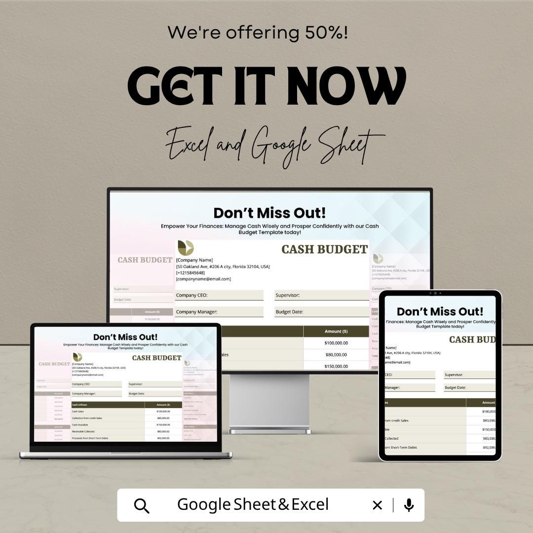 Cash Budget Template | Cash Flow Tracker Spreadsheet | Income and Expense Planner | Financial Tracker | Monthly Budget Sheet