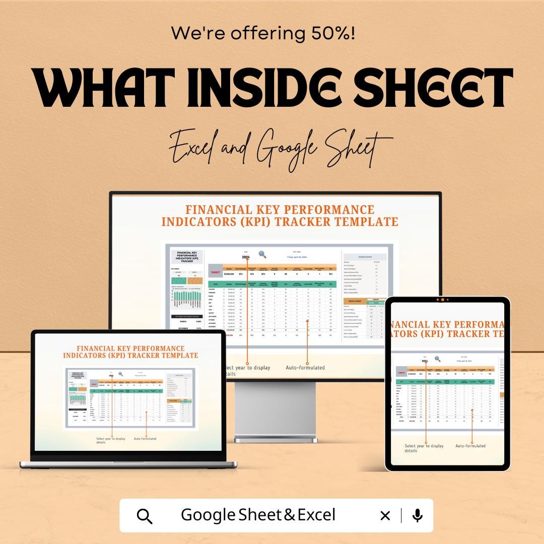 Financial Key Performance Indicators (KPI) Tracker Sheet | Excel & Google Sheets Template | Track Business Performance  |