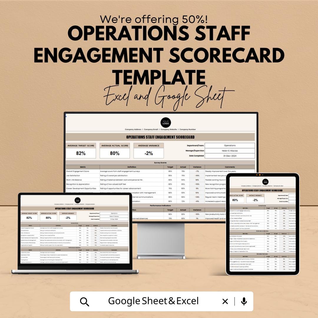Operations Staff Engagement Scorecard Template, Employee Engagement Tracker, HR Performance Scorecard, Team Satisfaction Metrics
