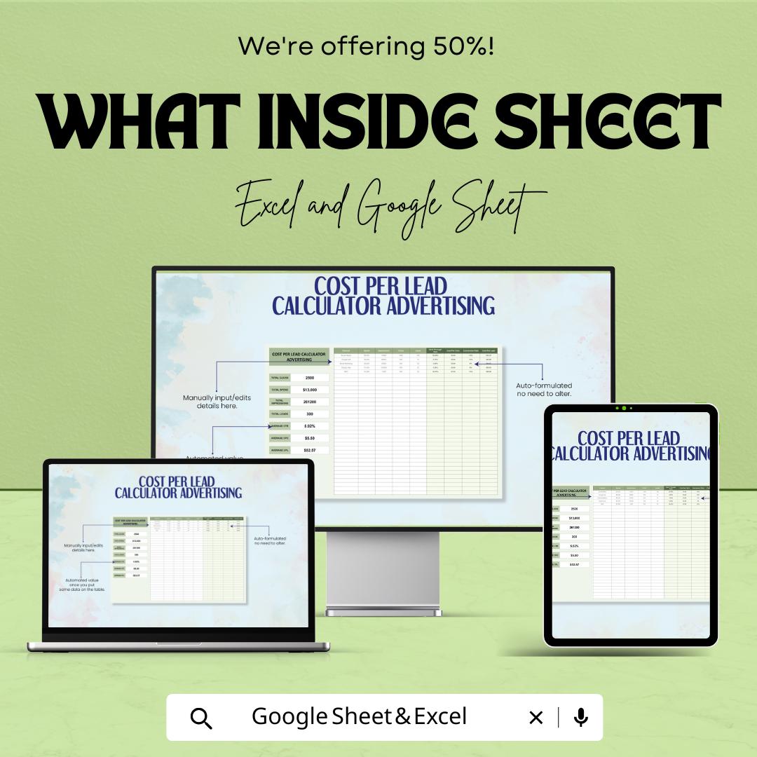 Cost Per Lead Calculator | PPC Advertising ROI Tracker | Google Sheets & Excel | Campaign Metrics Spreadsheet | CPL Calculation Sheet