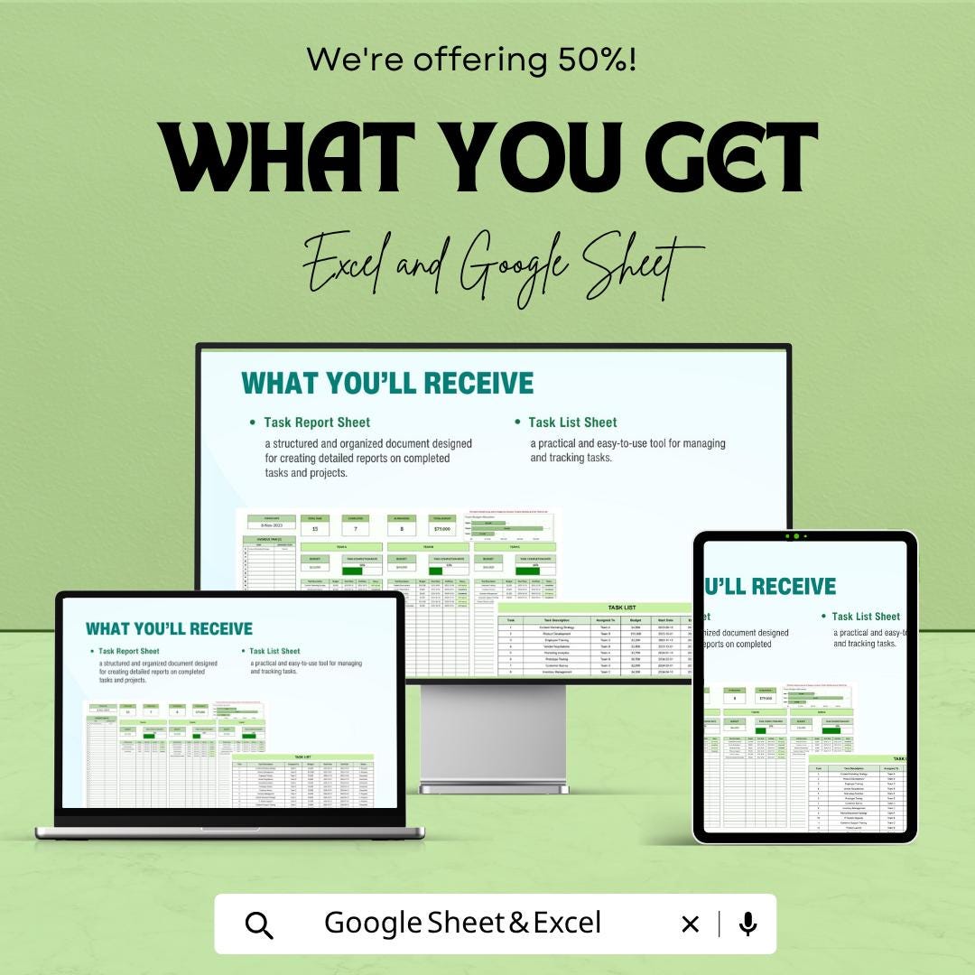 Task Report Template | Task Tracker Spreadsheet | Project Report Template | Task Management Sheet | Excel & Google Sheets | Work Progress
