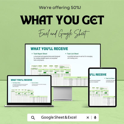 Task Report Template | Task Tracker Spreadsheet | Project Report Template | Task Management Sheet | Excel & Google Sheets | Work Progress