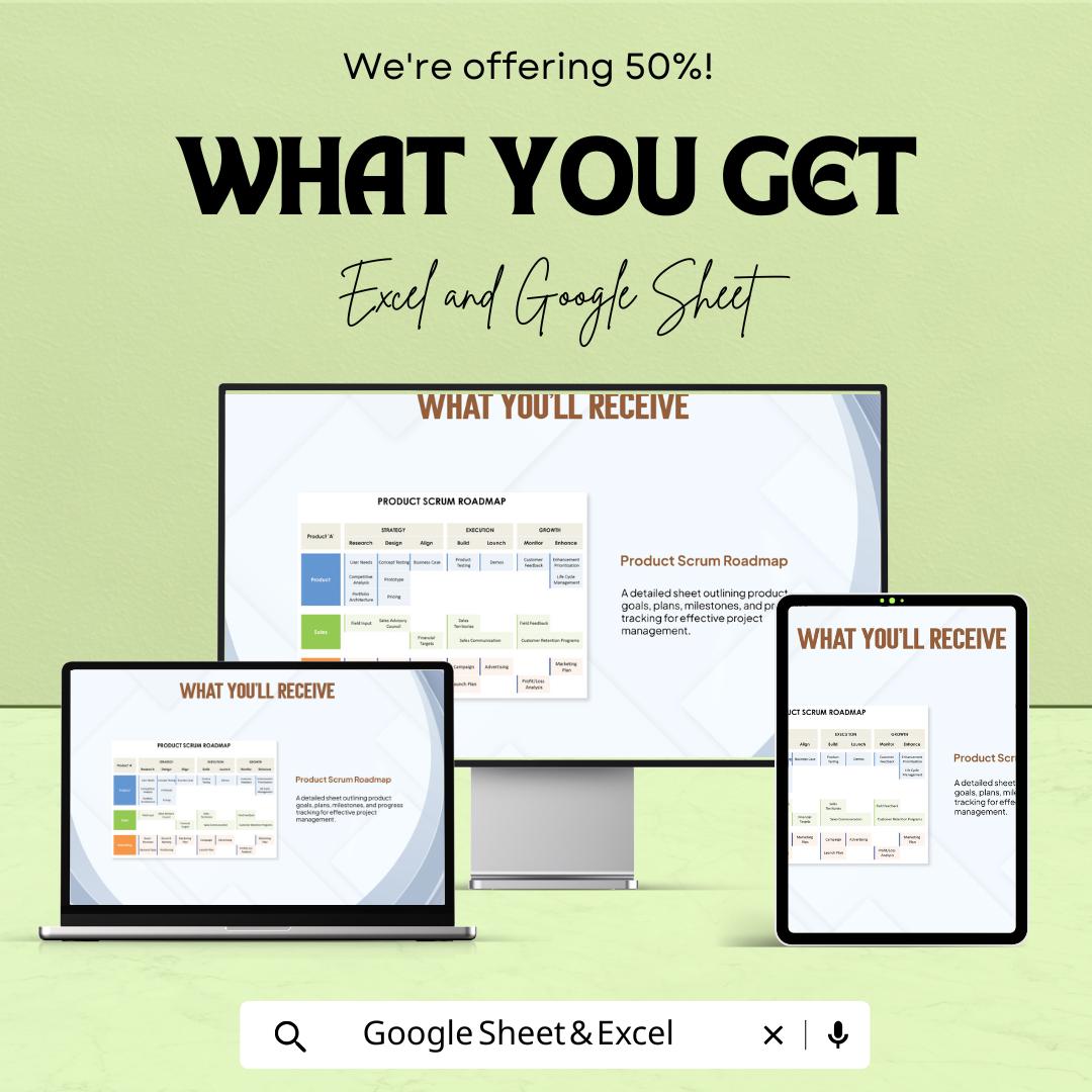 Product Scrum Roadmap Sheet - Excel & Google Sheets Template for Product Management, Scrum Planning, and Project Tracking