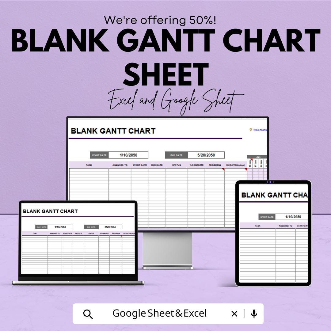 Blank Gantt Chart Sheet for Excel & Google Sheets | Project Timeline Template | Task Planner | Instant Download