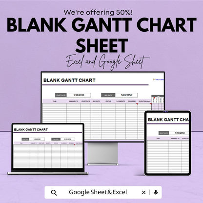 Blank Gantt Chart Sheet for Excel & Google Sheets | Project Timeline Template | Task Planner | Instant Download