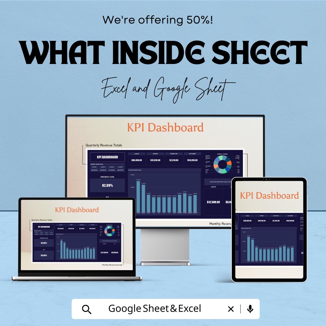 KPI Dashboard Template - Excel & Google Sheet, Business Performance Tracker, Key Performance Indicators, Data Analysis, Metrics Dashboard,