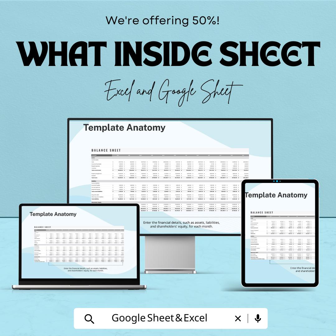 Balance Sheet Template for Excel & Google Sheets – Financial Management Tool | Track Assets, Liabilities, and Equity | 50% Off Now!