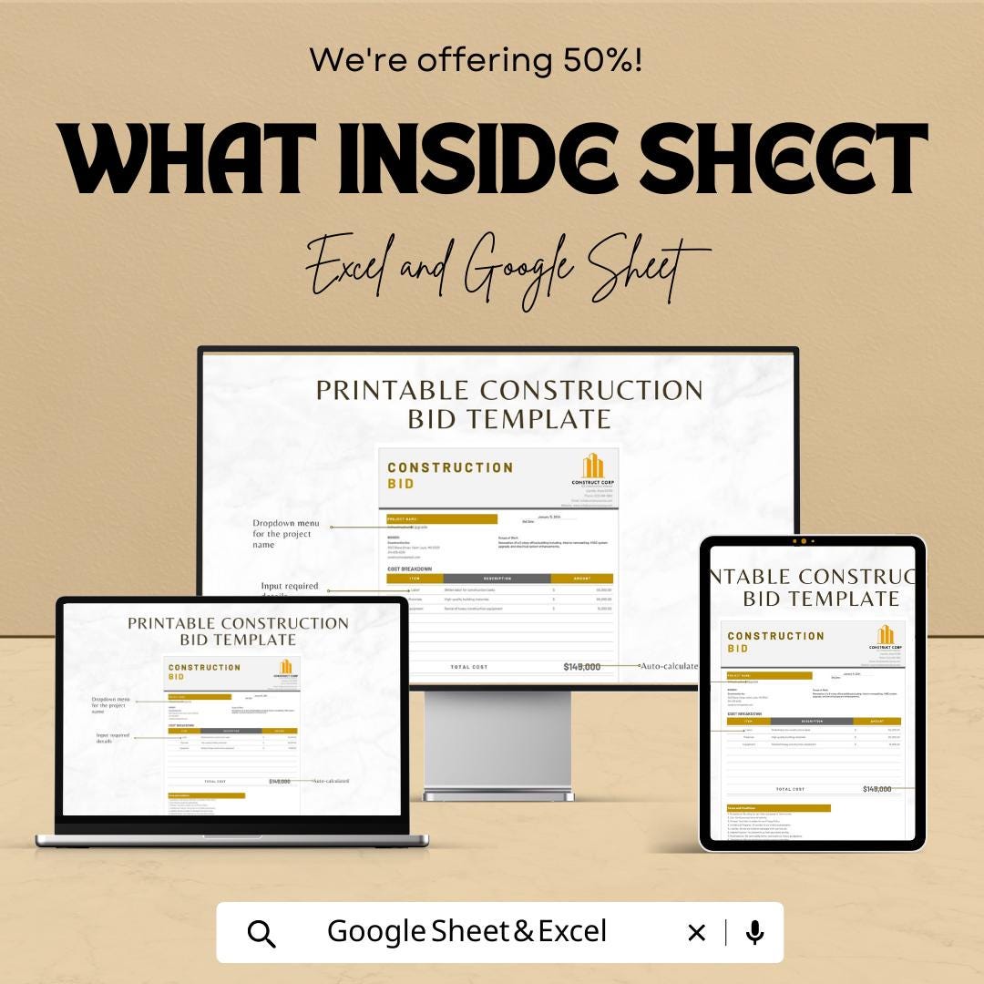 Construction Bid Template | Contractor Bid Form | Project Estimate Sheet | Construction Proposal Template | Excel Google Sheets Template