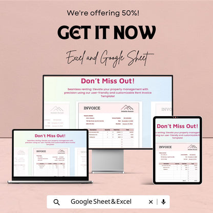 Rent Invoice Template | Excel & Google Sheets | Customizable Rental Invoice | Easy-to-Use Invoice for Rent Payments | Instant Download
