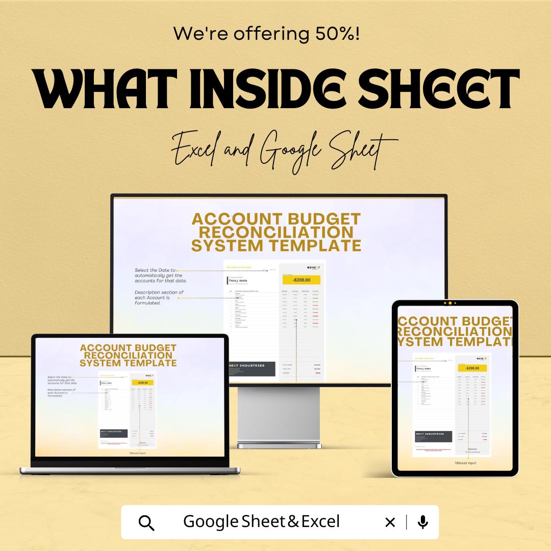Account Budget Reconciliation System Template | Excel & Google Sheets | Financial Reconciliation Spreadsheet | Budget vs Actual Tracker
