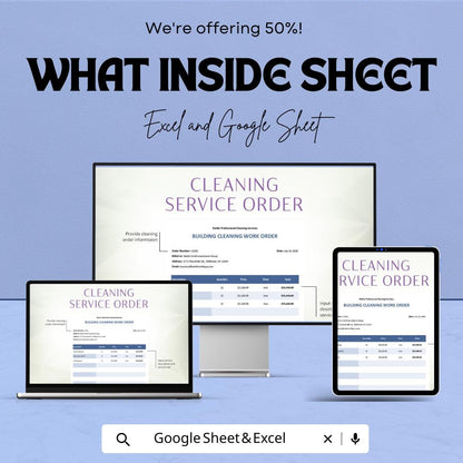 Professional Cleaning Service Order Sheet - Excel & Google Sheet - Easy Work Order Management for Cleaning Services