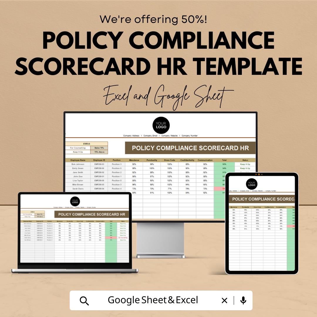 Policy Compliance Scorecard HR Template | HR Compliance Tracker | Policy Audit Scorecard | Employee Compliance Spreadsheet