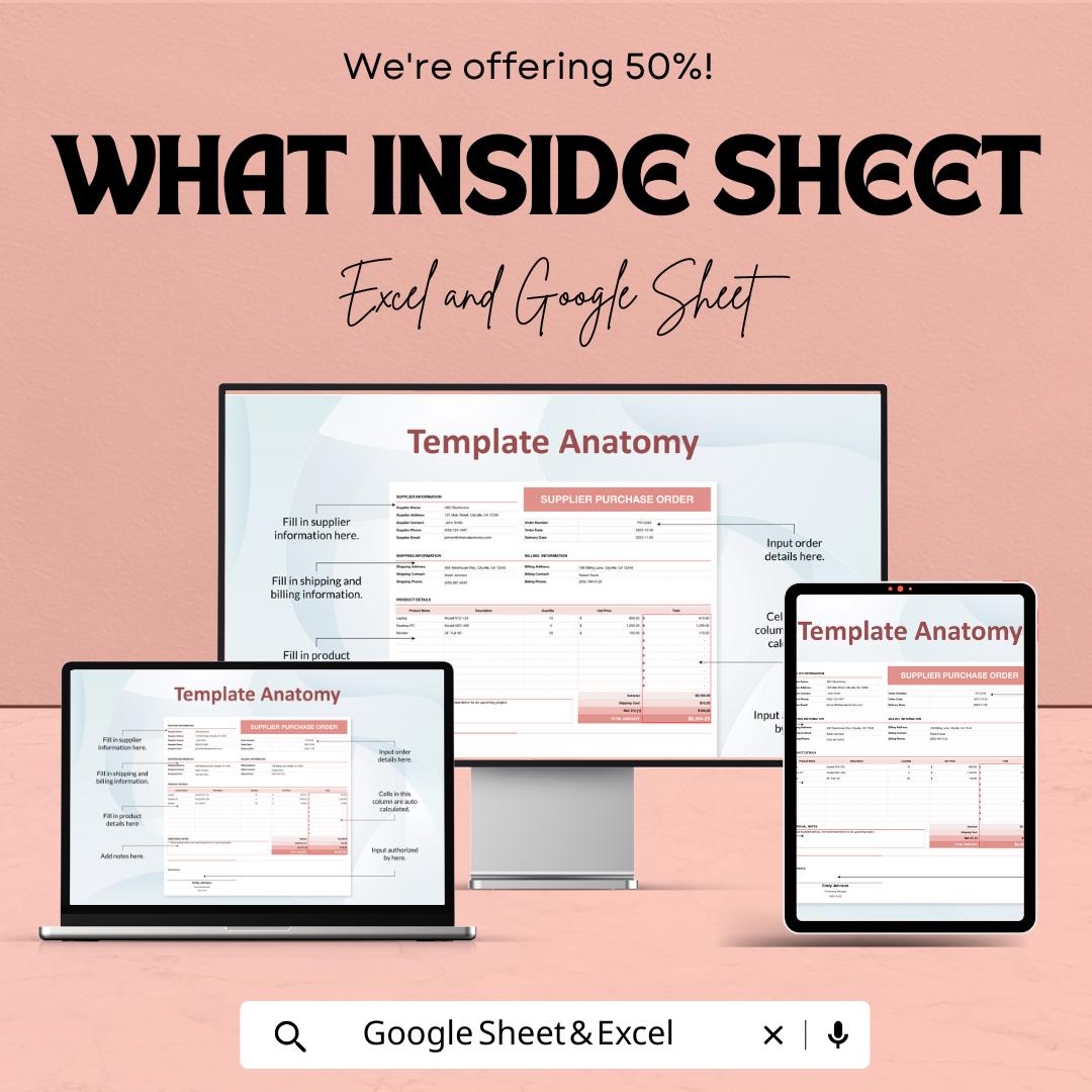 Supplier Purchase Order Sheet | Google Sheets & Excel Template | Procurement Form | Business Order Tracker | Editable PO Template