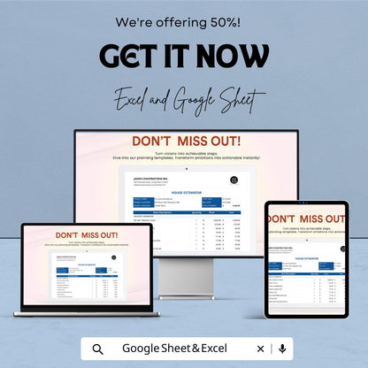 House Estimator Template | Construction Cost Estimate sheets | Home Building Budget Planner | Excel & Google Sheet Project Estimation Tool