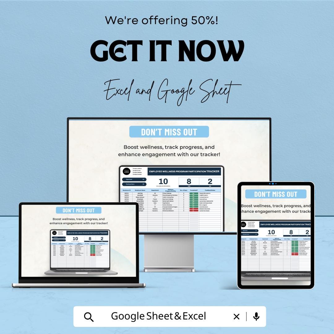 Employee Wellness Program Participation Tracker Template | Excel & Google Sheets | Wellness Program Tracker | HR Engagement Spreadsheet