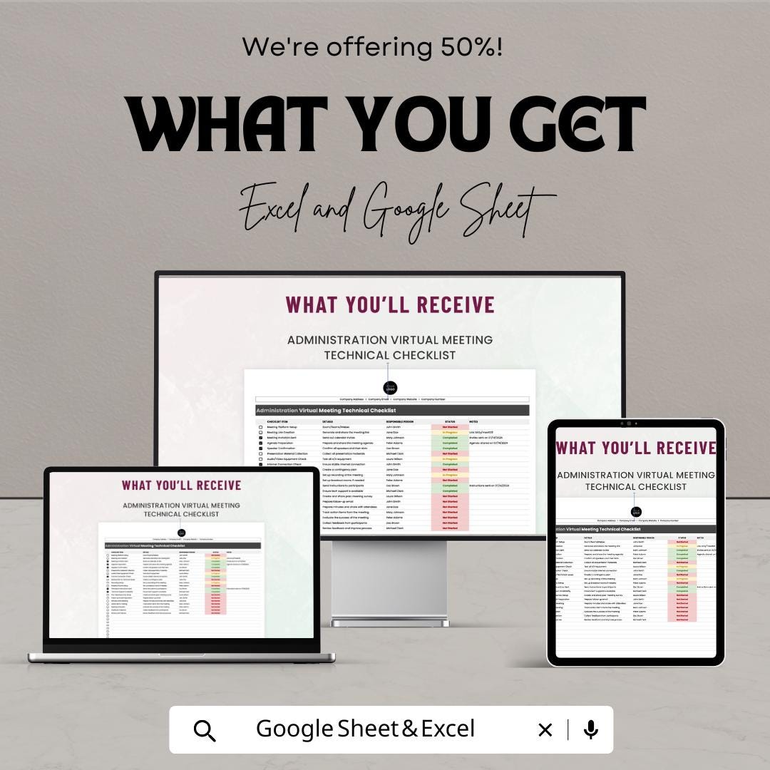 Administration Virtual Meeting Technical Checklist Template | Meeting Planner Spreadsheet | Virtual Event Checklist
